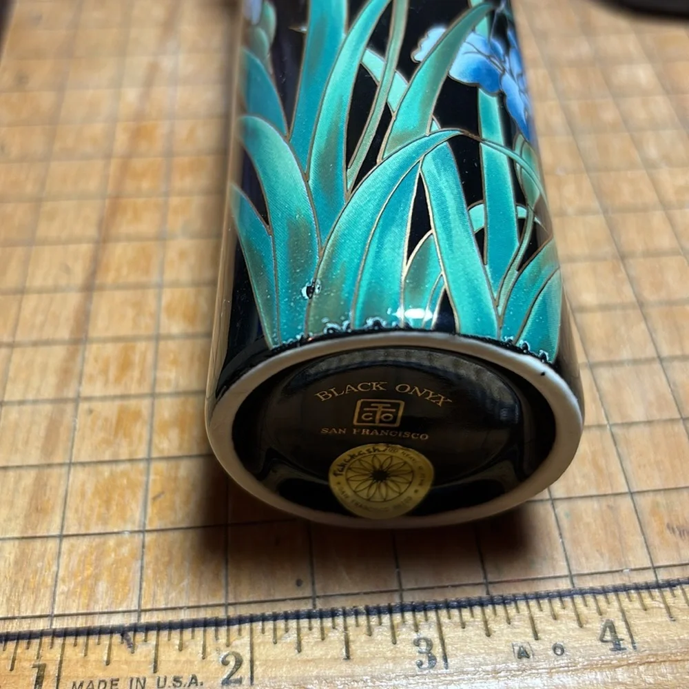 Black Onyx San Francisco Black Ceramic Vase w Blue Iris Design GUC 6”Hx2 5/8”D - Picture 15 of 17